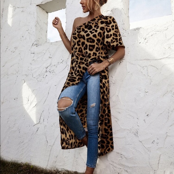 One Shoulder Leopard Print Asymmetrical High Low Tunic Top Blouse Shirt - Picture 6 of 7